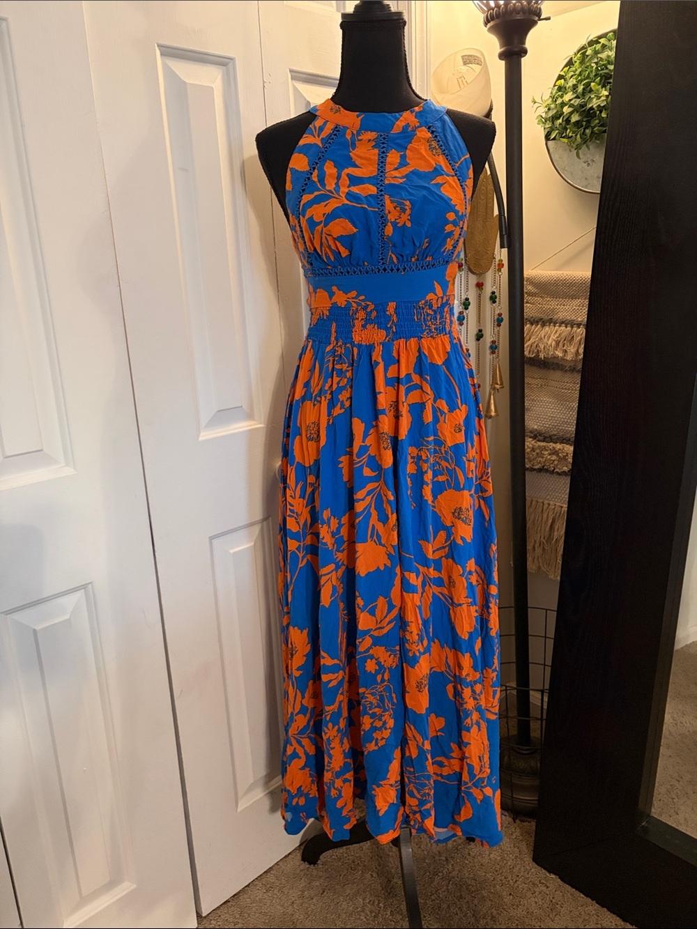 Bright Blue & Orange Floral Maxi Dress with Halter Neck